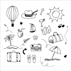 Travel doodle collection. Set of simple vector illustrations, isolated on white.
