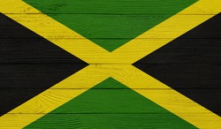  Jamaica flag on a wooden texture. Wood texture, planks Wooden texture background flag. Flag painted with paints on wood