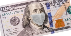 Benjamin Franklin With Worried and Concerned Expression Wearing Medical White  Face Mask On One Hundred Dollar Bill