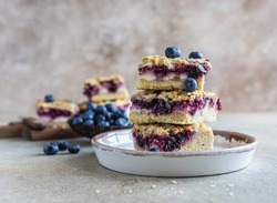 Crumble cheesecake bars with blueberry filling and fresh blueberries, concrete background. Bar slices with cheesecake, blueberry and streusel. Selective focus.