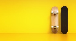 Close up of Skateboard front and back side on wall at home, mockup template