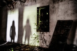 Mysterious shadow of a woman in an abandoned house - Silhouette of female ghost standing on the door of the room - Fear concept in abandoned house - Halloween concept