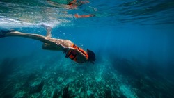 A snorkeler diving down to get a better look at some coral in the beautiful tropical blue Mexican ocean near Riviera Maya on vacation.