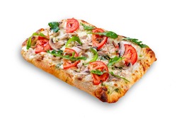 Bianco pizza with smoked chicken, rucola, cheese sauce, mozzarella, mushroom, tomato, pesto. Roman pizza rectangular on white background