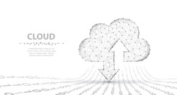 Cloud technology. Abstract polygonal wireframe cloud storage sign with two arrows up and down isolated on white with dots. Cloud computing, big data Concept illustration or background