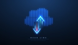 Cloud technology. Polygonal wireframe cloud storage sign with two arrows up and down on dark blue. Cloud computing, big data center, future infrastructure, digital ai concept. Virtual hosting symbol