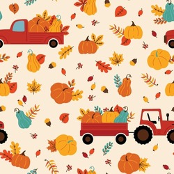 Seamless pattern with pumpkins on red car and tractor and falling leaves on a yellow background. Bright texture for fall season and harvest time. Cartoon design in a vector. 