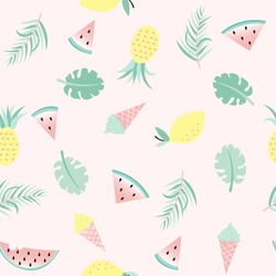 Seamless background with ice cream, watermelon, lemon and pineapple and palm leaves. Vector illustration.