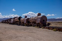 Abandoned old metal trains in Train Cemetary, Uyuni, Bolivia.