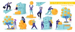 Flat, сartoon, vector Illustration collection. Different successful people characters making money. Business and finance, saving money theme. Career, salary, earnings profit.