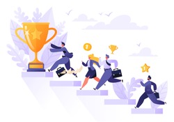 Road to success. Group of different running businessmen to achieve results, goals and enrichment. Business competition concept. Flat people run to goal on the stairs symbolizing path to success. 