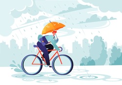 Young businessman going to work under the autumn rain. Businessman with umbrella on bicycle. Responsible worker.    Сoncept of commitment. Eco transport. Autumn time. Windy rainy day with gray clouds.