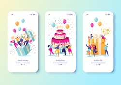 Template for mobile app page with birthday celebrations theme. Party celebration with friends. People blow their whistles, dance, make a surprise, launch fireworks, on the background of cake and gift 