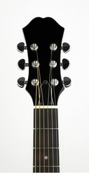 An acoustic guitars headstock including tuning pegs