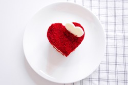 Red Velvet Cake Slice Heart shape on a white plate.The perfect fruit cake for Christmas, but also lovely for birthdays and special occasions