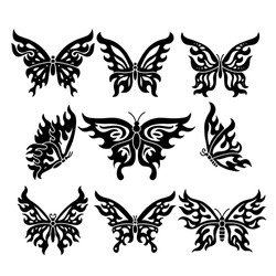 Flame butterflies silhouettes set. y2k, 90s Flutter butterflies tattoo art vector illutrations. Emo or gothic sublimation collection.