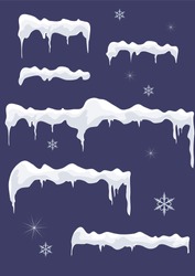 Ice-sheet with icicle.Vector contains icicles, stars and snowflakes on a blue vector background. Snow top.