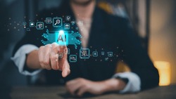 Technology and people concept women use AI to help work, AI Learning, and Artificial Intelligence Concepts. Business, modern technology, internet, and networking concept. 