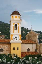 Clock tower of Church Saint Michel in France, Cote dAzur, Villefranche-sur-Mer