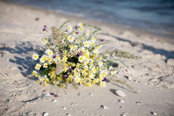 wedding bouquet of chamomiles and wildflowers on a sandy beach with seashells on the background of the sea at sunset. close up