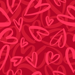 Seamless romantic pattern with hand drawn red hearts. Colorful doodle hearts on red background. Ready template for design, postcards, print, poster, party, Valentine's day, vintage textile. Vector.	