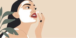 Beautiful young woman applying cosmetic product. Woman face and green plant. Skin care banner. Skincare routine, mask applying and cosmetics. Vector concept illustration.