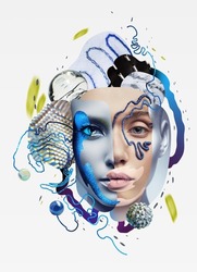 Contemporary collage of women portraits with glass balls and wire. Cyborg woman. Isolated on grey background                             