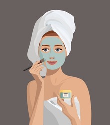 Woman wearing a towel applies a brush mask to her face. Self-care concept. Woman doing cosmetic spa procedures for face skin. Morning routine. Bath time. Stock vector illustration in flat style.