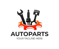 Autoparts in gear, auto piston, spark plug and wrench, logo design. Automotive parts, automobile detail and repairing car, vector design and illustration