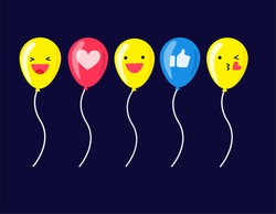 Illustration vector isolated set cartoon flat style of happy face icon on social media on flying balloon as social media marketing concept.