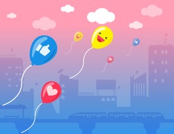Illustration vector cartoon flat style of emoticon set on social media balloon holding banner in the sunset sky. Social media marketing concept on promotion ad. 