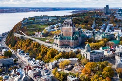 Aerial view of Frontenac Castle in Old Quebec City in the Fall season, Quebec, Canada.