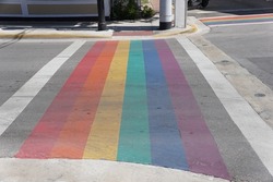The rainbow crosswalk on Duval Street near Key West, Florida, U.S.A