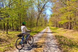 Young woman tourist cyclist on road in forest on sunny spring day in Puszcza Niepolomicka near Krakow city, Poland