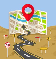 Vector wavy road with map flat illustration