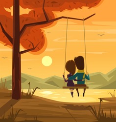 Two lovers sitting on swing at sunset. Vector flat cartoon illustration