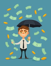 Office worker character hold umbrella and standing under money rain. Vector flat cartoon illustration