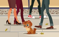 Sad lonely homeless lost poor little cat child character sitting on street. People past away. Vector flat cartoon illustration
