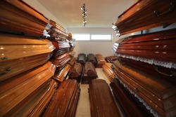 wooden coffins in the room