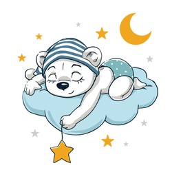 Cute Baby Bear Sleep Illustration Vector