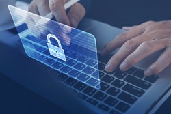 Cyber Security Protection Firewall Interface Concept. Software technology development, digital crime. Man working on laptop computer, antivirus alert, malware detected, Hacker hacking business data
