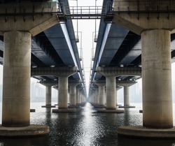 Under the old parallel concrete bridges construction
