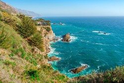 Spectacular panoramic landscape of the west coast of California with views of the Pacific Ocean and the cliffs . Coast along the Pacific Coast Highway