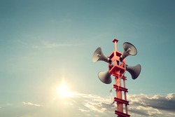 Horn speaker for public relations sign symbol, vintage color - sun with blue sky
