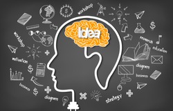 Human brain head creativity icon. sparking idea in business. on blackboard background vector illustration