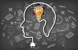 Human head creativity inspiration thought planning light bulb icon concept. business meeting. teamwork. businessmen help to brainstorm idea to achieve higher and success. vector illustration