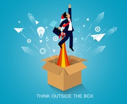 think outside the box. businessmen launch to the sky. on background blue. startup business concept. creative idea. leadership. vector art and illustration