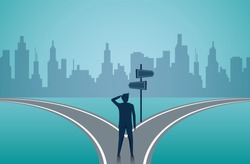 Businessmen standing on the road the crossroad. Concept of important choices of a business. Decide direction. Human standing choice of ways. illustration cartoon vector