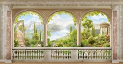 Antique balcony view to the sea landscape. Digital collage for the purpuse of mural printing.