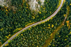 Aerial view of curve road and colorful autumn forest in Finland Lapland.